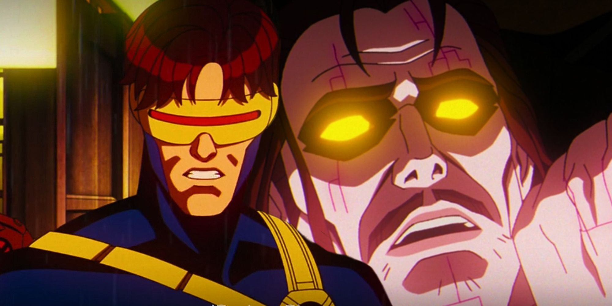 Cyclops snarling in X-Men '97 episode 7 next to Bolivar Trask's Prime Sentinel with yellow glowing eyes
