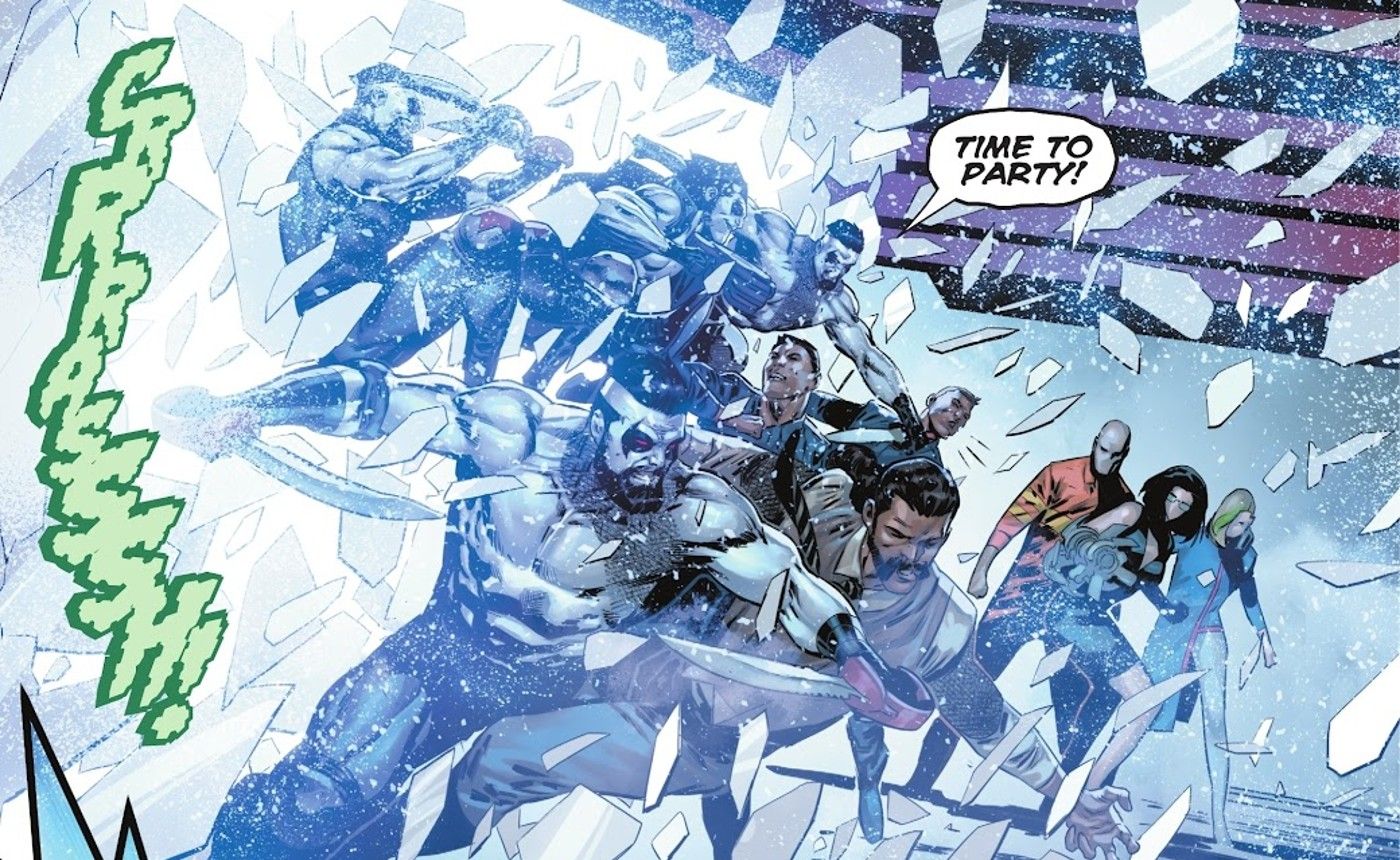 Comic book panel: Czarnians like Lobo crash through a window.