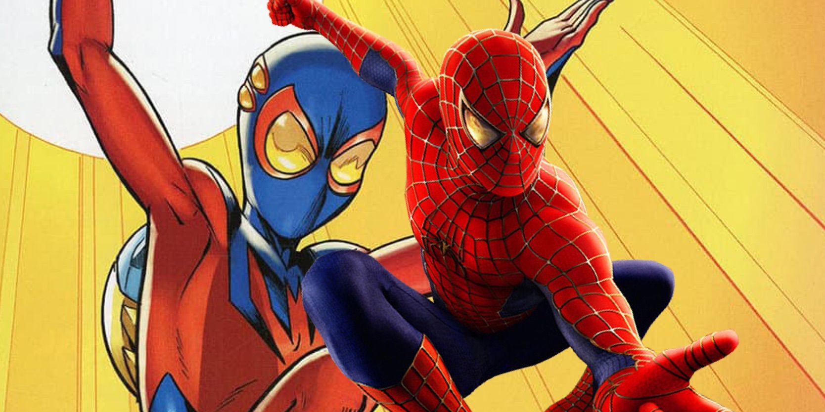 Marvel Comics' Spider-Boy (left) with Toby McGuire&rsquo;s cinematic Spider-Man (right) swinging into action.