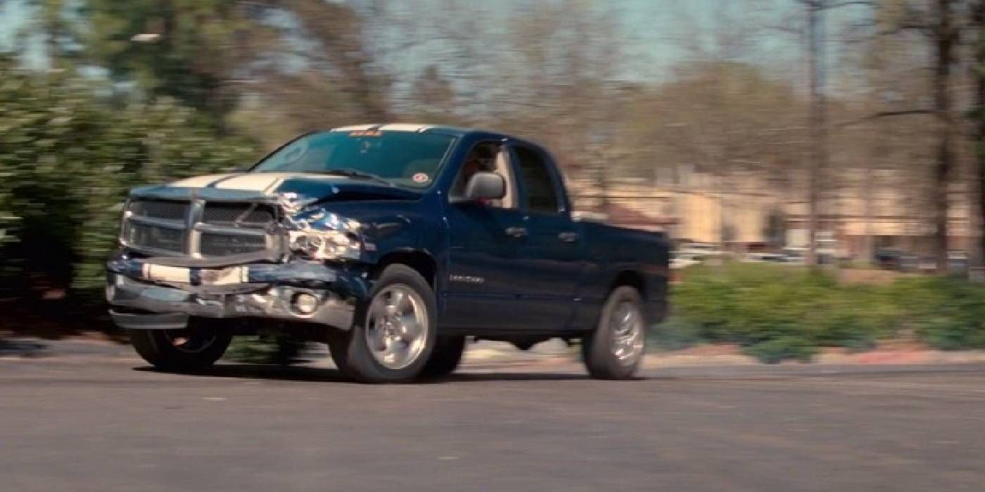 Damaged Dodge Ram truck in Baby Driver
