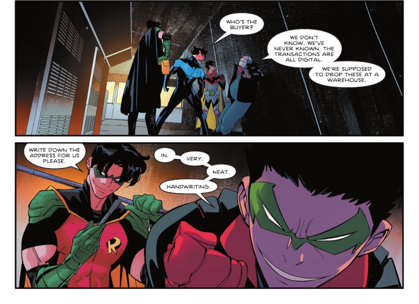 Comic book panels: Damian And Tim Robins Interrogate A Criminal While NIghtwing Watches