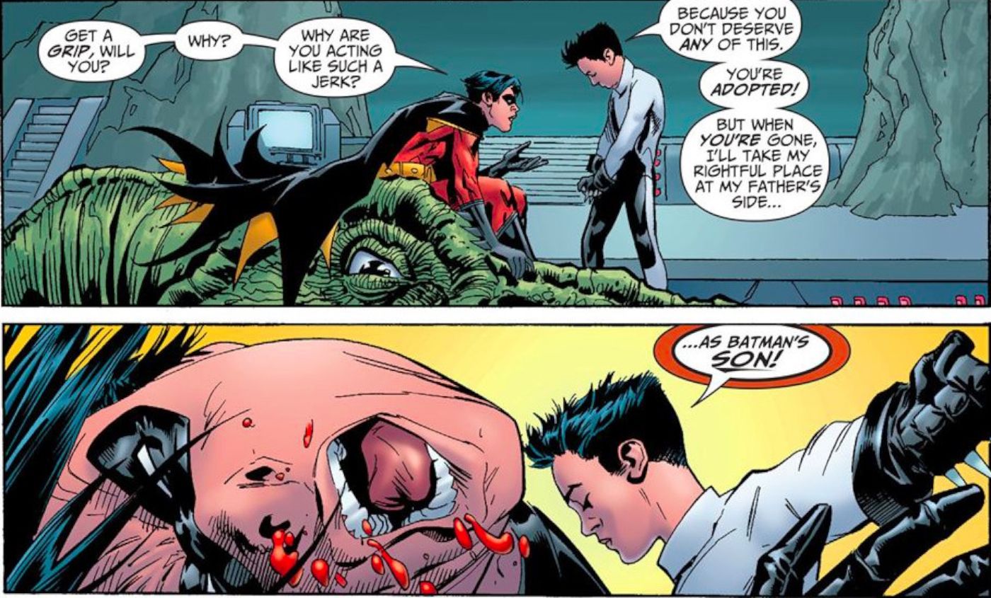 Painéis de quadrinhos: Damian Wayne dá um soco no rosto de Robin Tim Drake.
