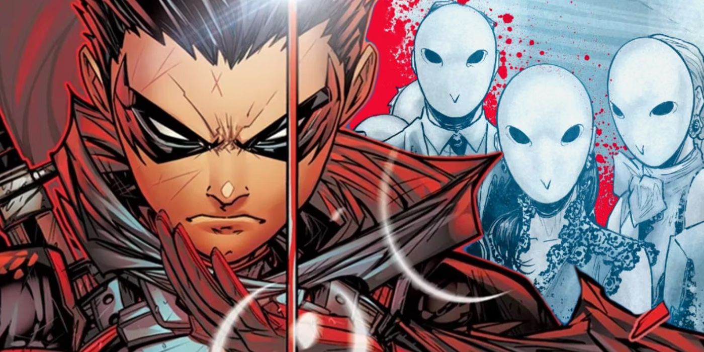 Damian Wayne's Robin holding a katana and frowning next to three Court of Owls members in masks