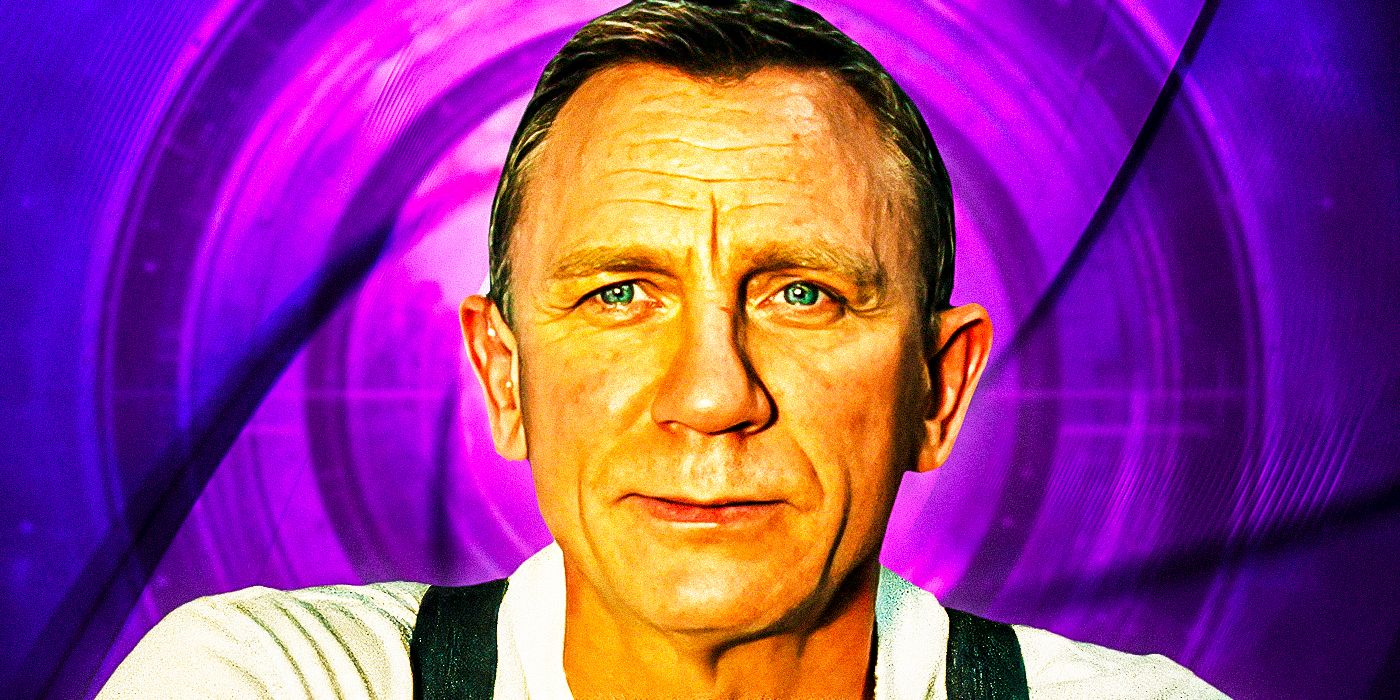 Daniel Craig as James Bond in No Time to Die on a purple background