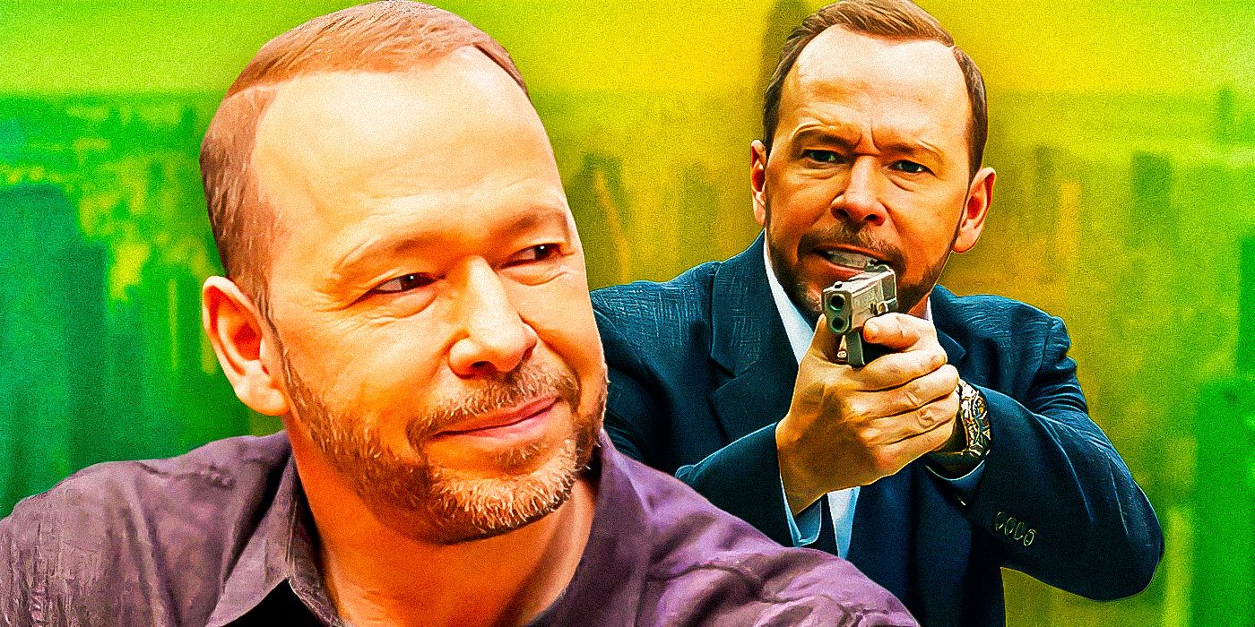 Brightly colored custom image featuring two images of Danny Reagan from Blue Bloods. Danny is smiling and wearing a purple shirt in the front of the image. Behind him is another image of Danny in a suit and holding a gun.