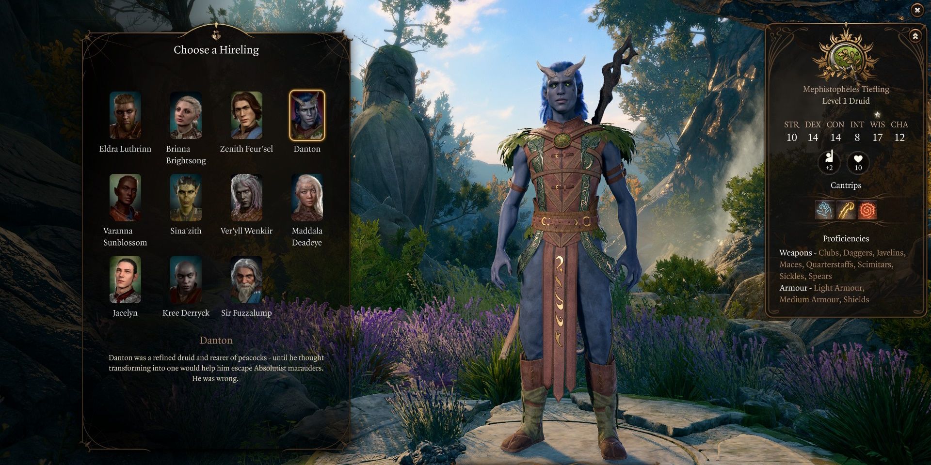 Danton mercenário na tela de seleção de personagens de Baldur's Gate 3