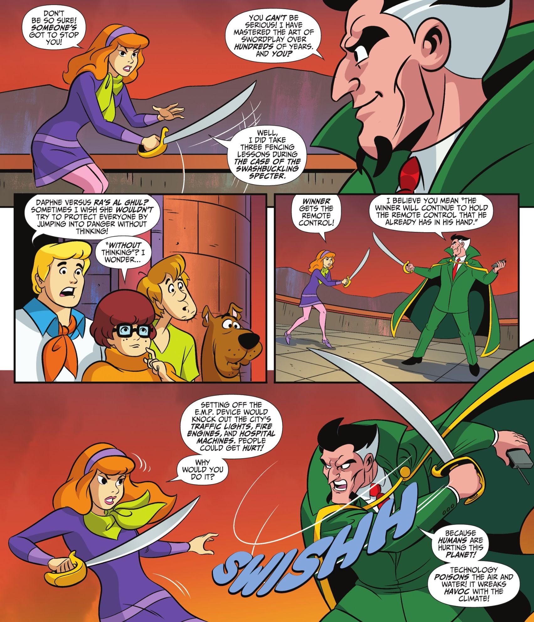 Daphne draws a cutlass and challenges Batman villain Ra's al Ghul to a duel.