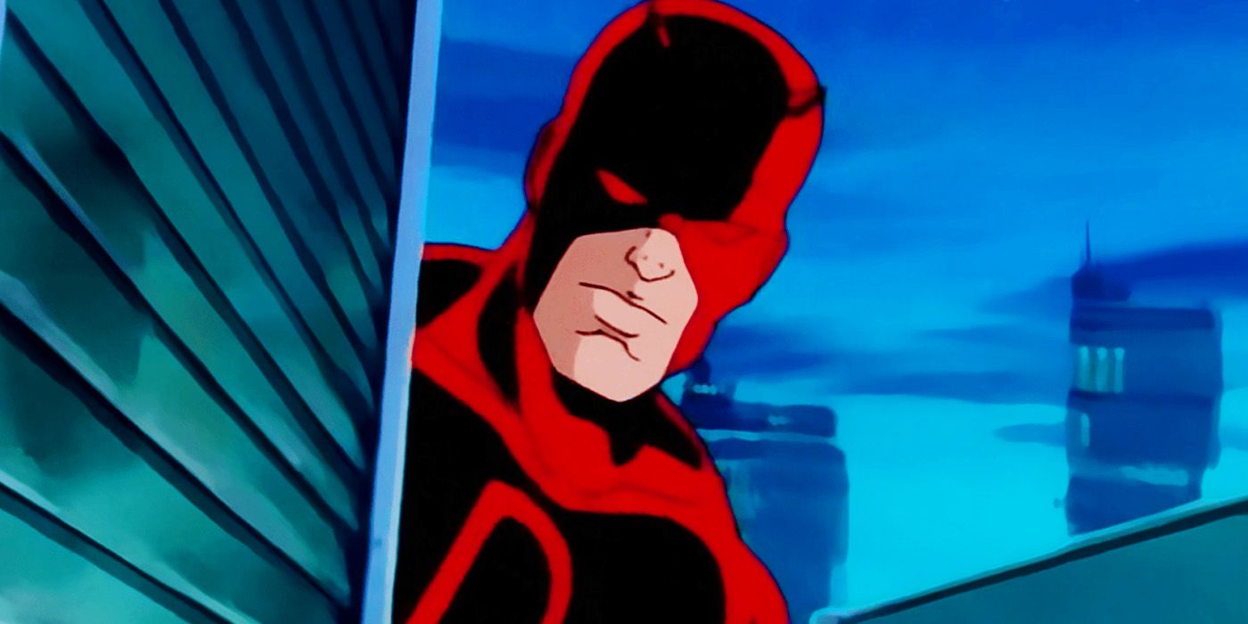 Daredevil peering round the corner in Spider-Man's animated series