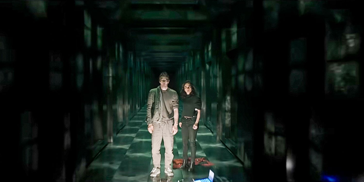 Jason Dessen e Amanda Lucas em um túnel projetando as diversas realidades em Dark Matter (2024)