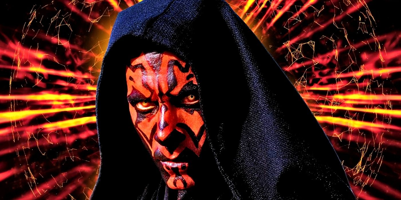 Darth Maul from Star Wars: The Phantom Menace with a red and black vibrant background