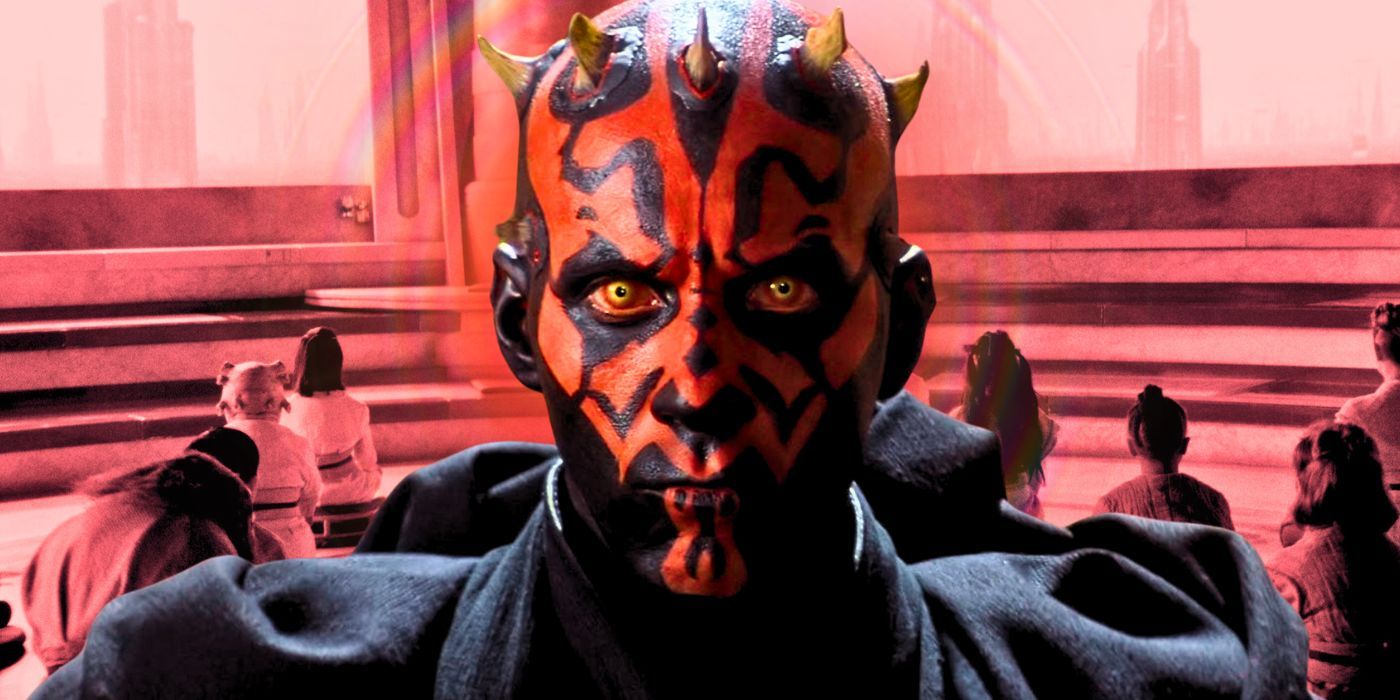 Darth Maul from The Phantom Menace in the foreground with the Padawan learners from The Acolyte in the background in a red hue