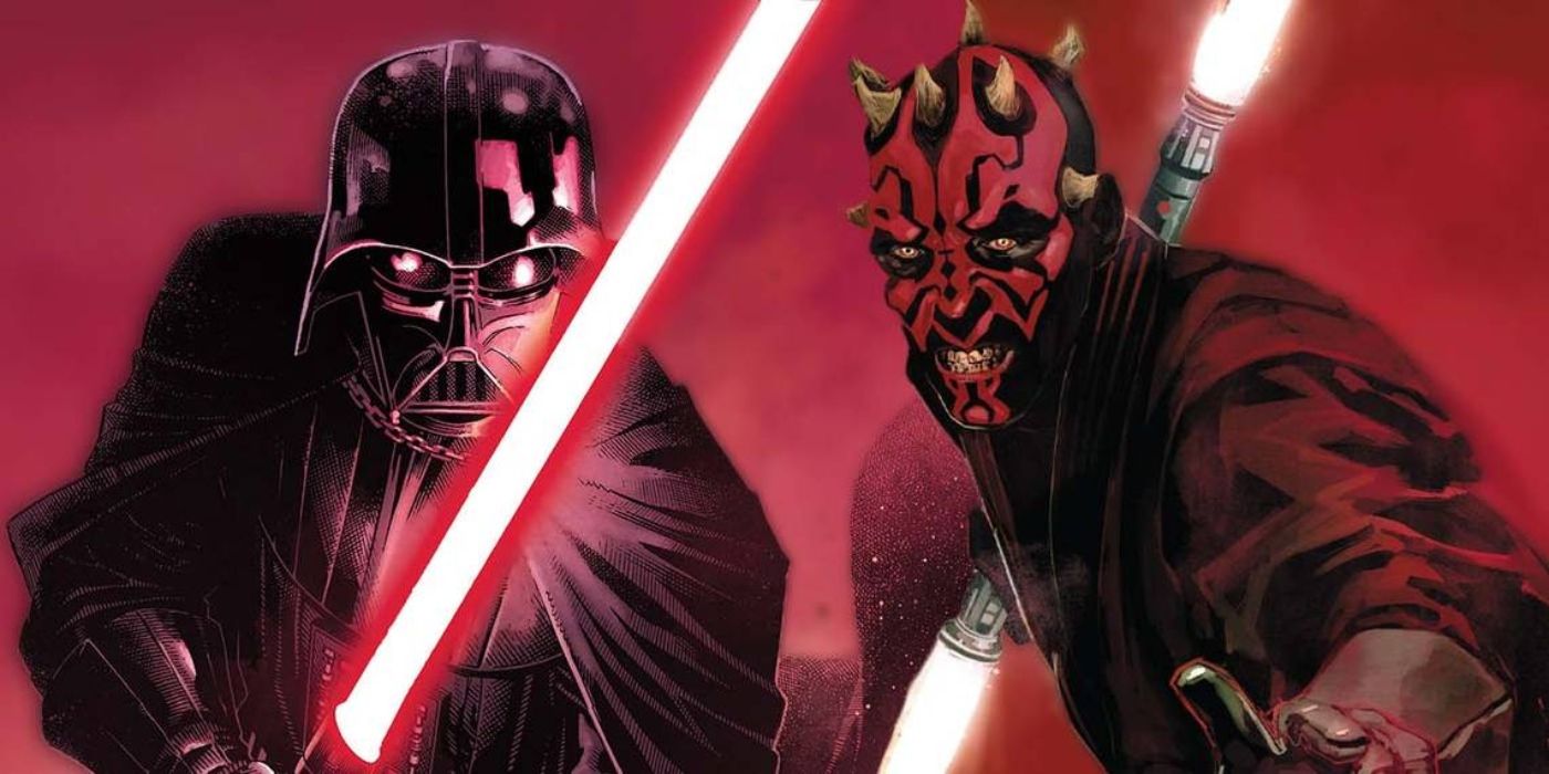 Darth Maul e Darth Vader brandindo seus sabres de luz vermelhos um ao lado do outro.