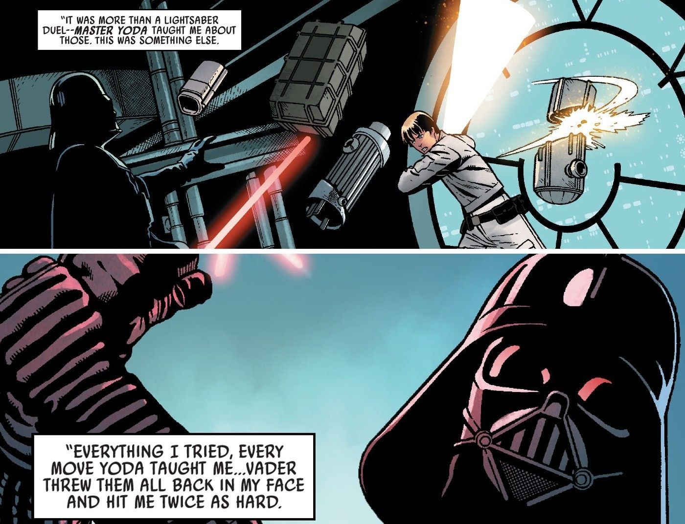 Darth Vader lutando contra Luke Skywalker em uma história em quadrinhos que reconta sua luta no Episódio V.