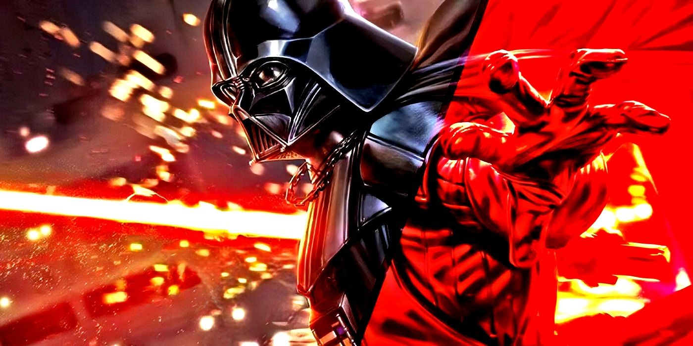 Star Wars' Darth Vader wielding his red lightsaber, surging with dark side energy.
