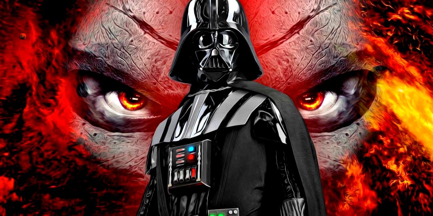 Darth Vader with eyes of the Sith behind him.
