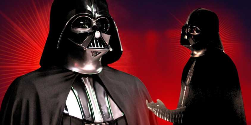 Two shots of Darth Vader in Rogue One: A Star Wars Story in front of a red background.