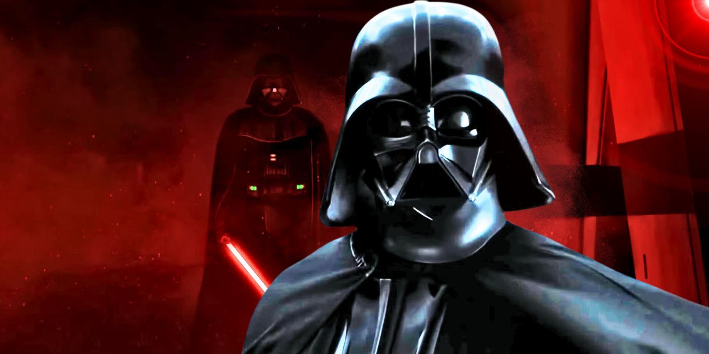 Darth Vader in the foreground with Vader wielding his lightsaber from the Rogue One hallway scene in the background