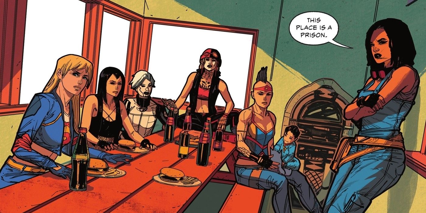 Image of various variants of DC characters sitting around a table.