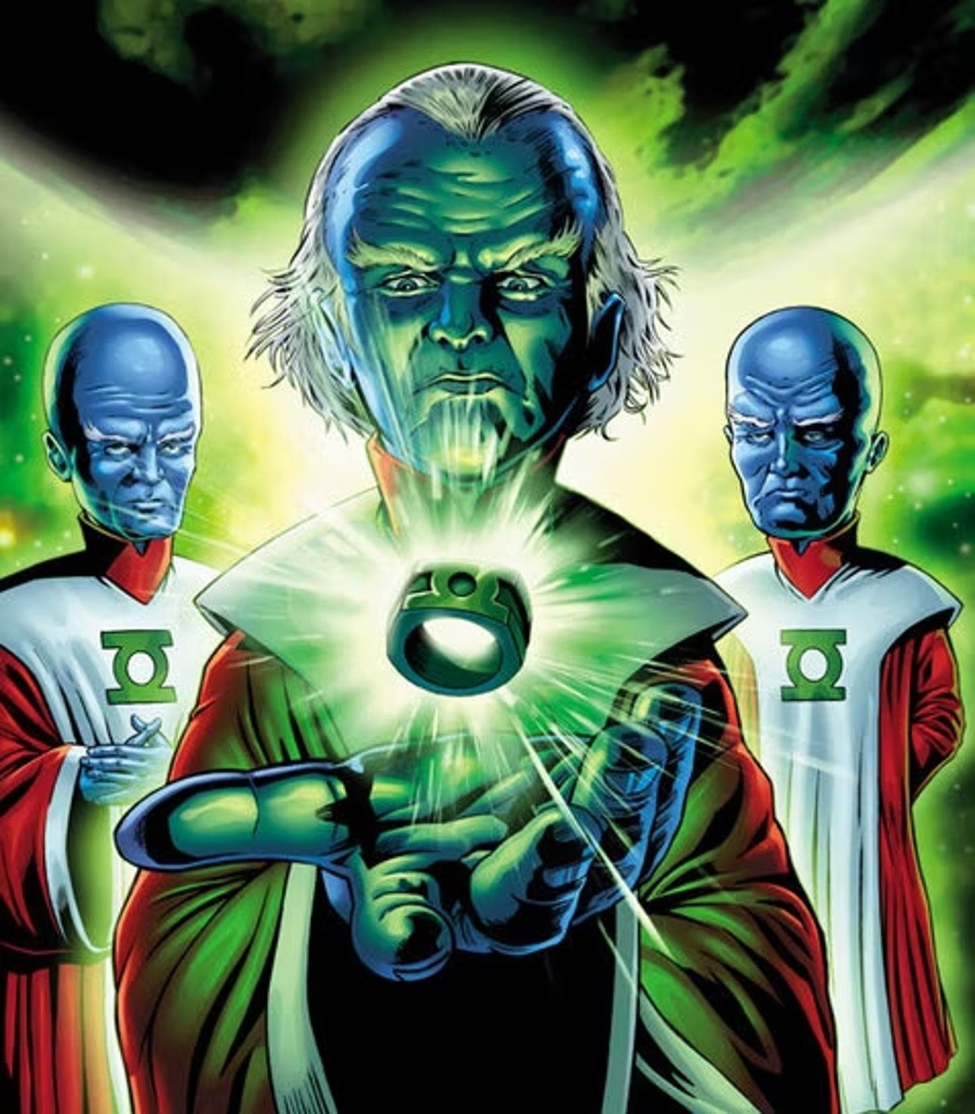 DC's Guardians of the Universe holding a Green Lantern ring towards the viewer