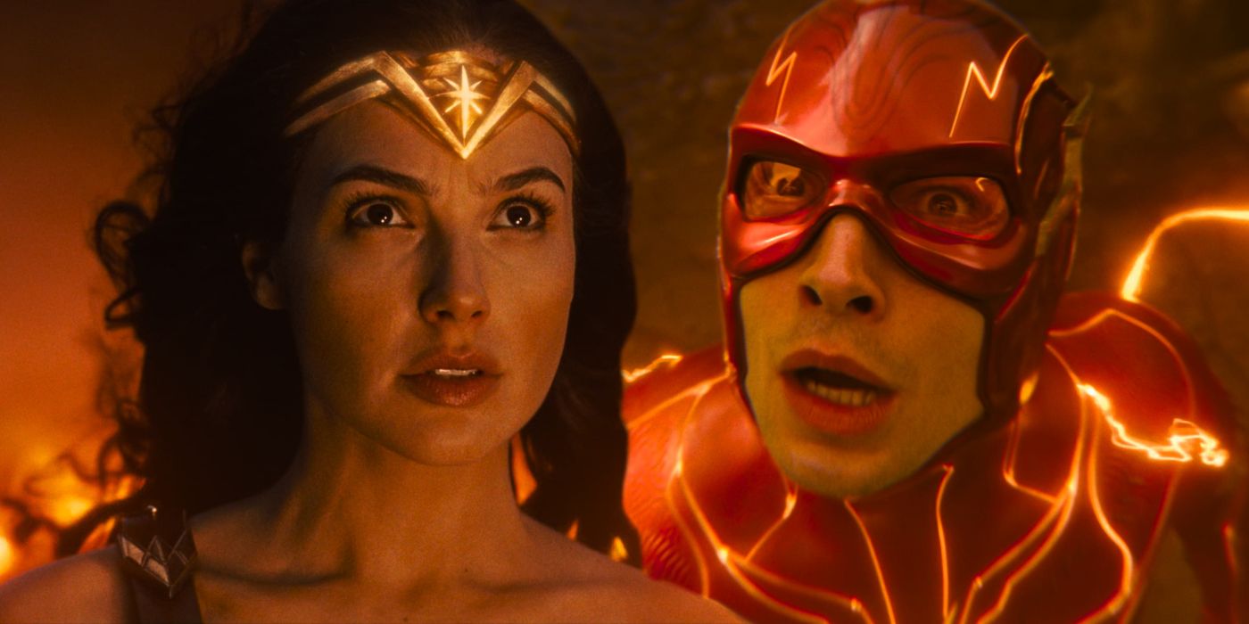 Split image of Gal Gadot as Diana Prince in Wonder Woman and Ezra Miller as Barry Allen in The Flash 