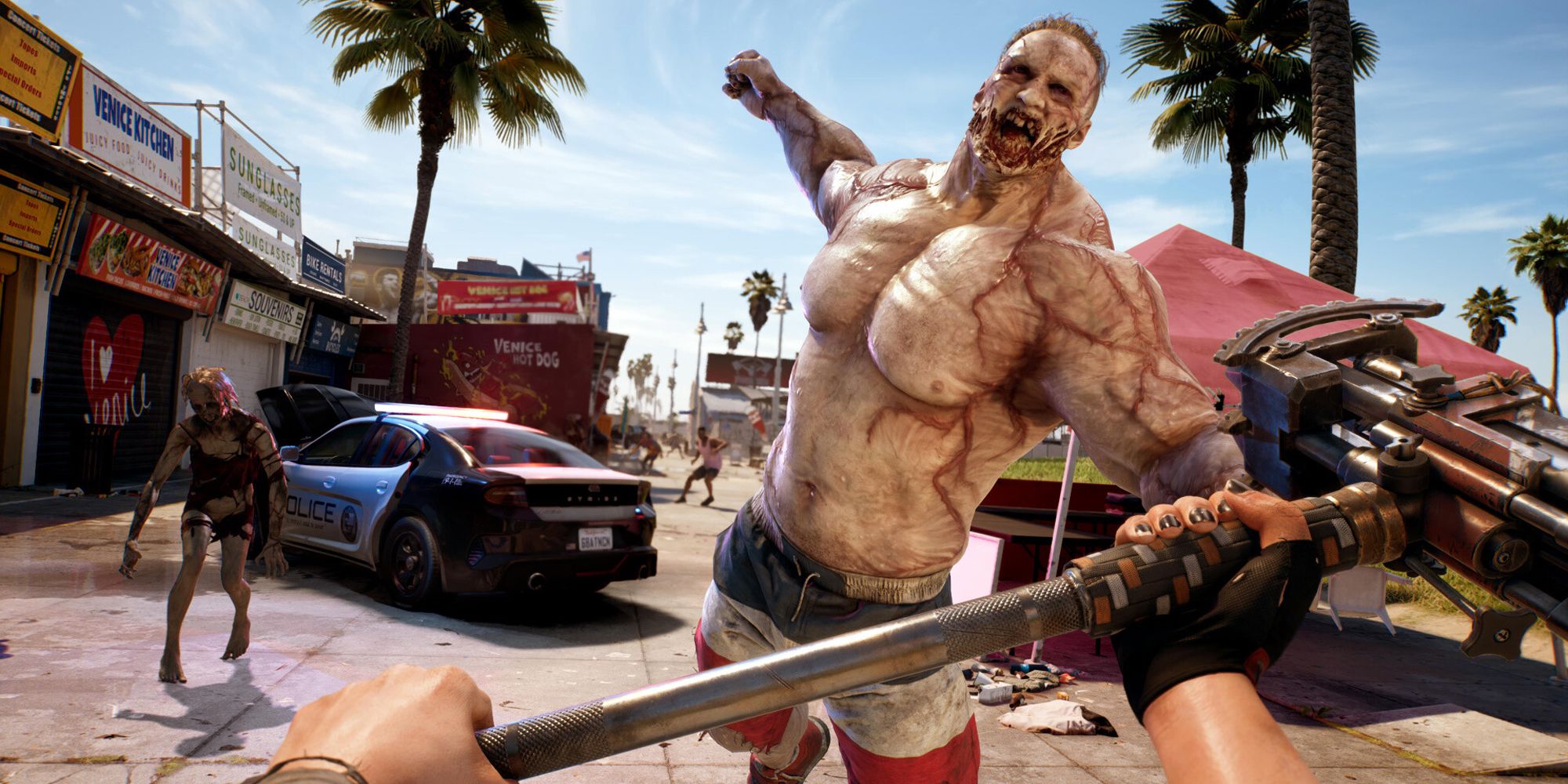 A muscular zombie gearing up a punch in Dead Island 2.