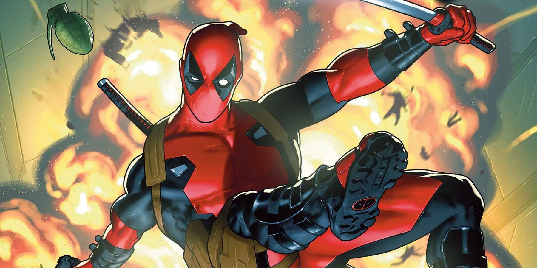Cropped image of Deadpool swinging into action on cover of Deadpool (2024) #1