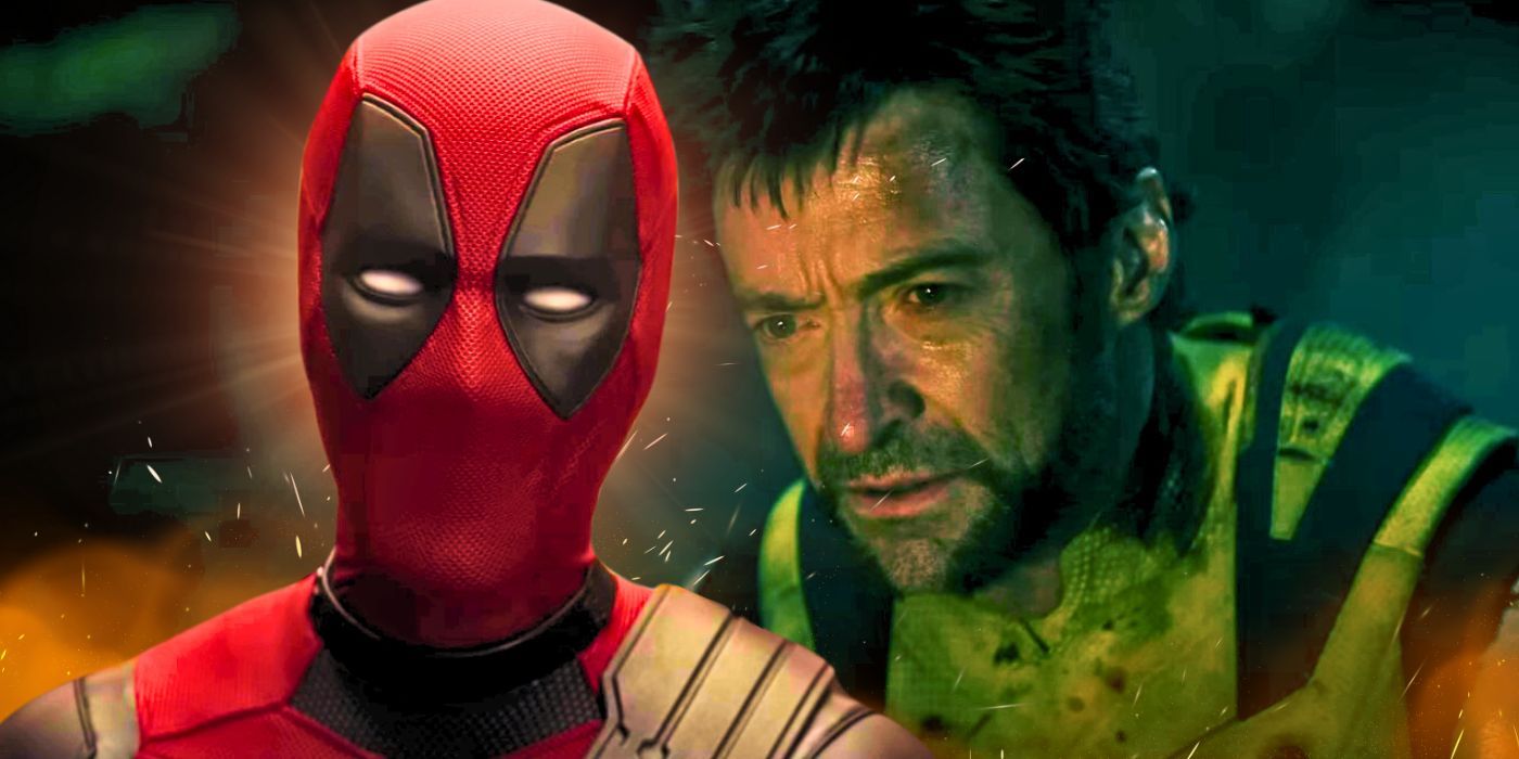 Ryan Reynolds como Deadpool e Hugh Jackman parecendo abatido como Wolverine em Deadpool & Wolverine (2024)