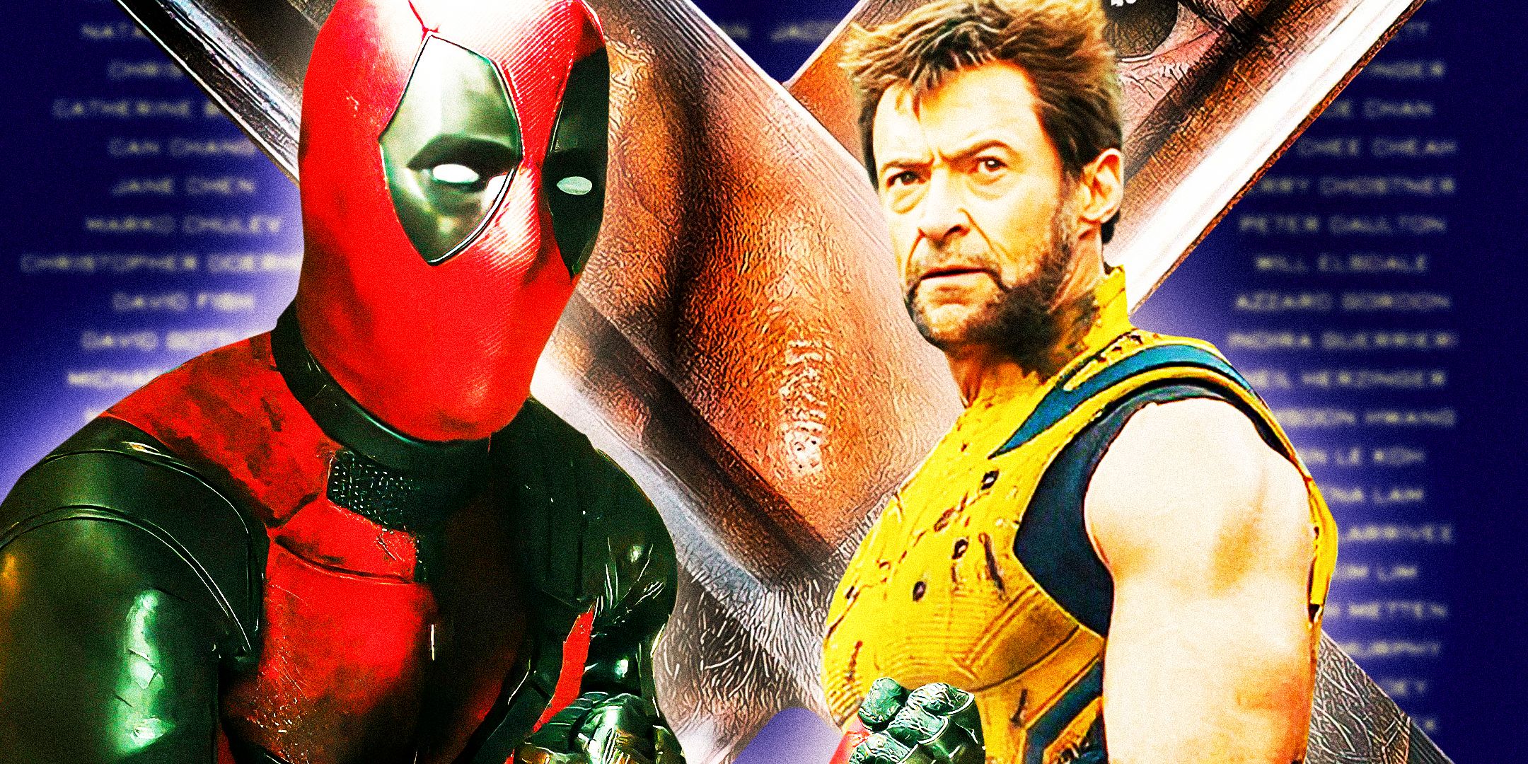 Deadpool and Wolverine Stand Together in front of an X Made Out of Wolverine's Claws