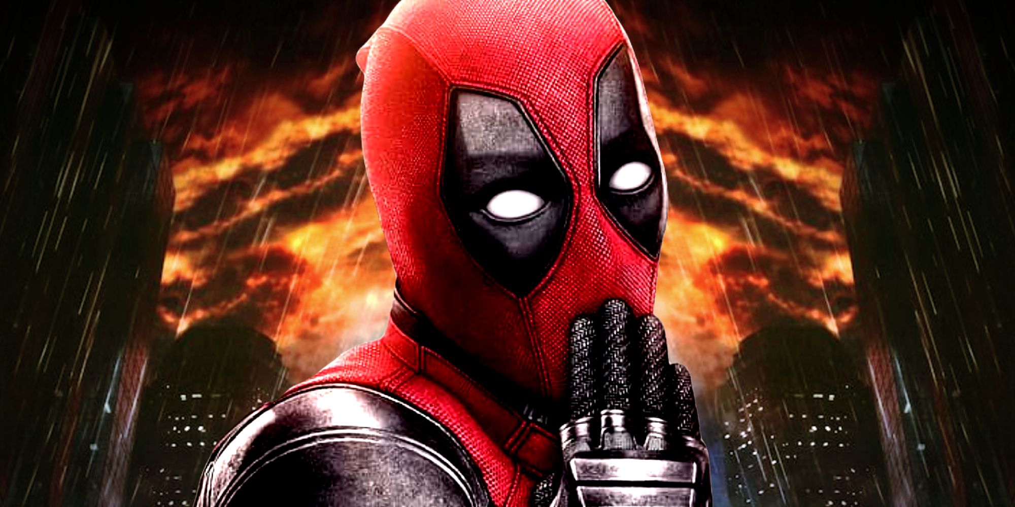 Deadpool Covers his Mouth in front of the Daredevil 2003 New York Skyline Poster