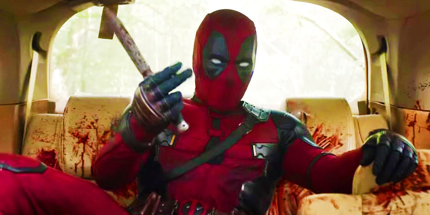 Deadpool in a blood-stained car in Deadpool & Wolverine's trailer