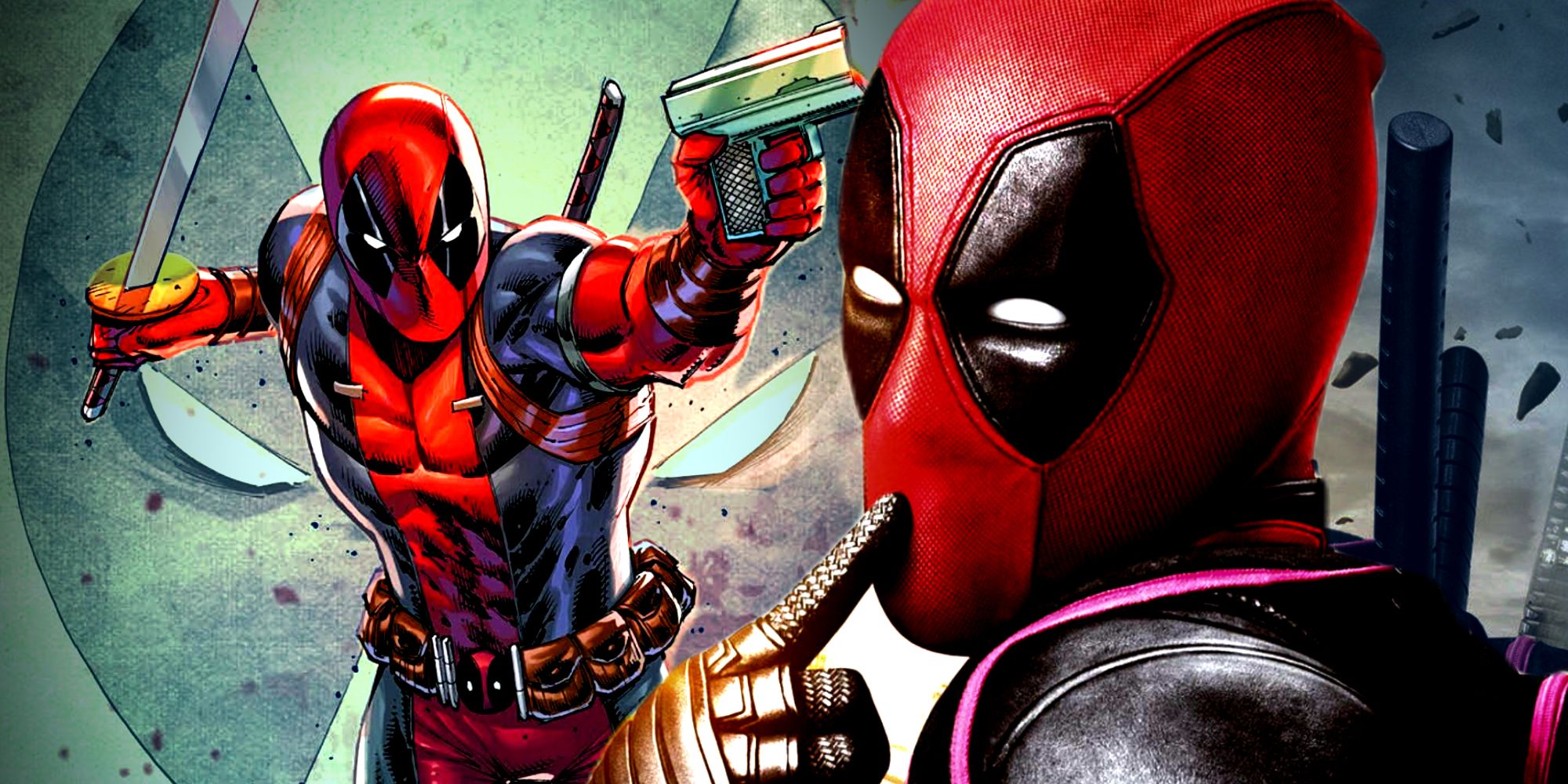 Deadpool Poses in Deadpool 2 Poster with Wade Wilson Wielding Guns and a Sword in the Background