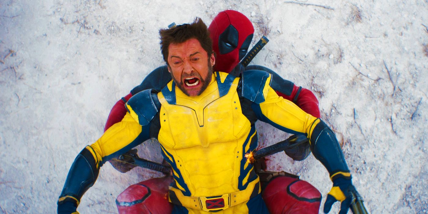 Deadpool atirando no estômago de Wolverine no primeiro trailer de Deadpool e Wolverine