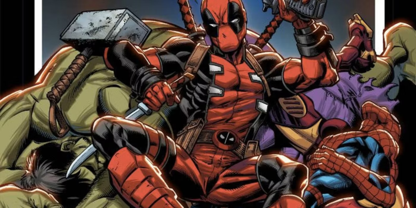 Deadpool sits on other superheroes corpses