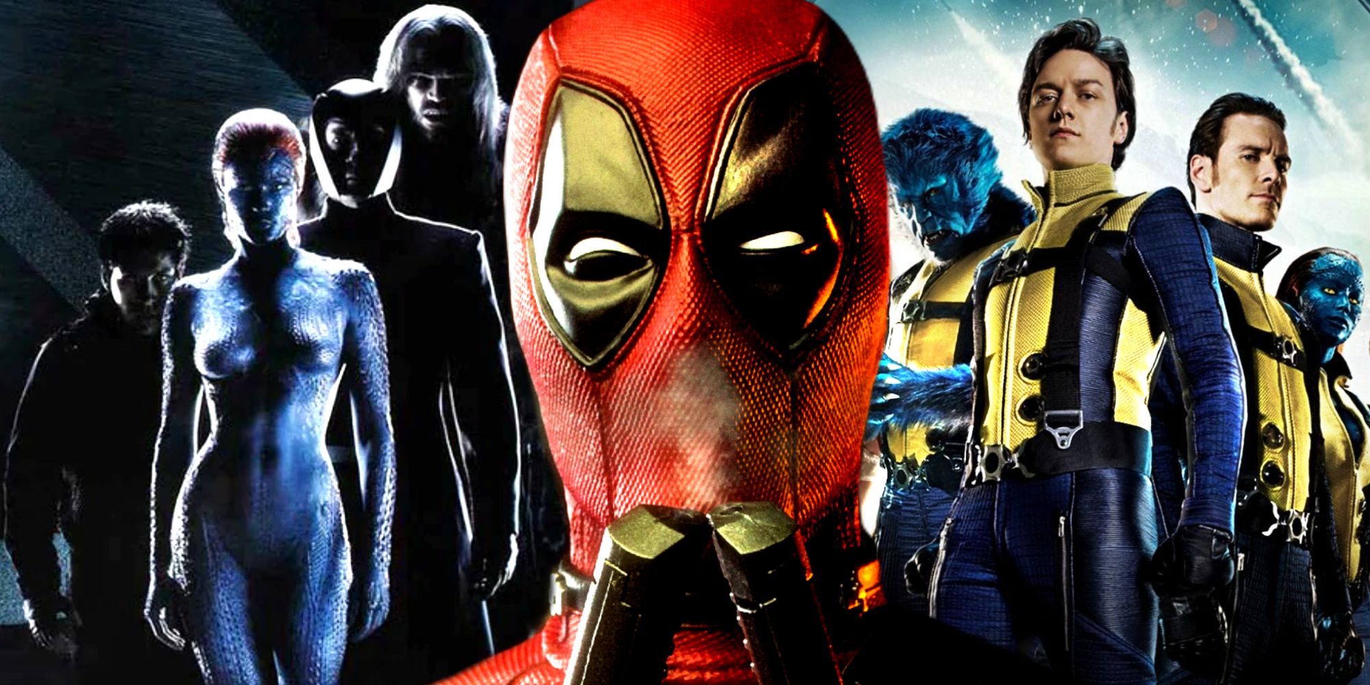 Deadpool empunha suas armas com X-Men 2000 e equipes de primeira classe dos X-Men atrás dele