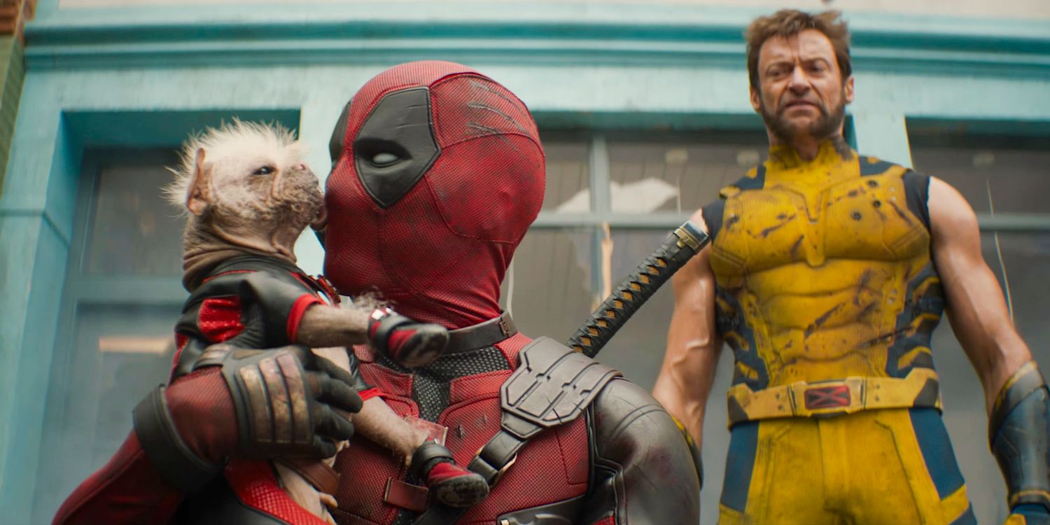 Dogpool licking Deadpool and Wolverine watching in disgust in Deadpool & Wolverine