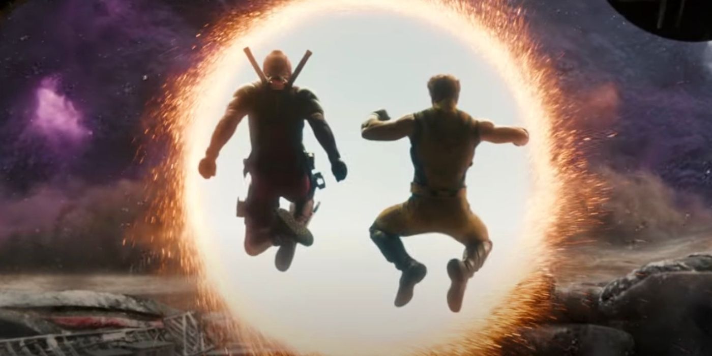 Deadpool and Wolverine jumping through an MCU magical portal in the trailer for Deadpool & Wolverine (2024)