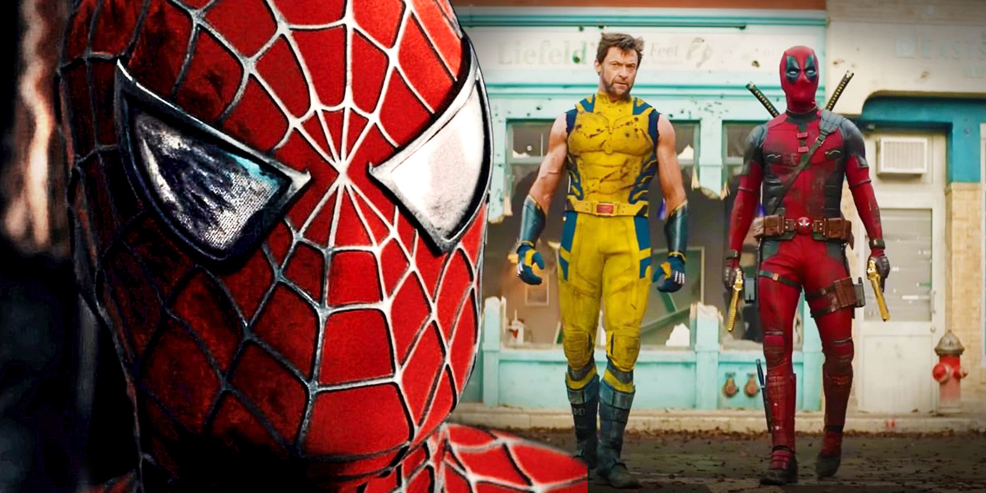 Deadpool & Wolverine walk on a street in the trailer and Tobey Maguire's Spider-Man Stands with his masked burned