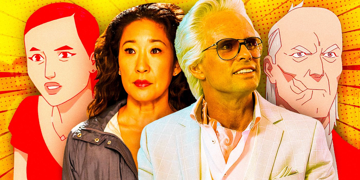 Debbie Grayson & Cecil Steadman from Invincible alongside their voice actors (Sandra Oh as Eve Polastri from Killing Eve & Walton Goggins as Baby Billy Freeman from The Righteous Gemstones)