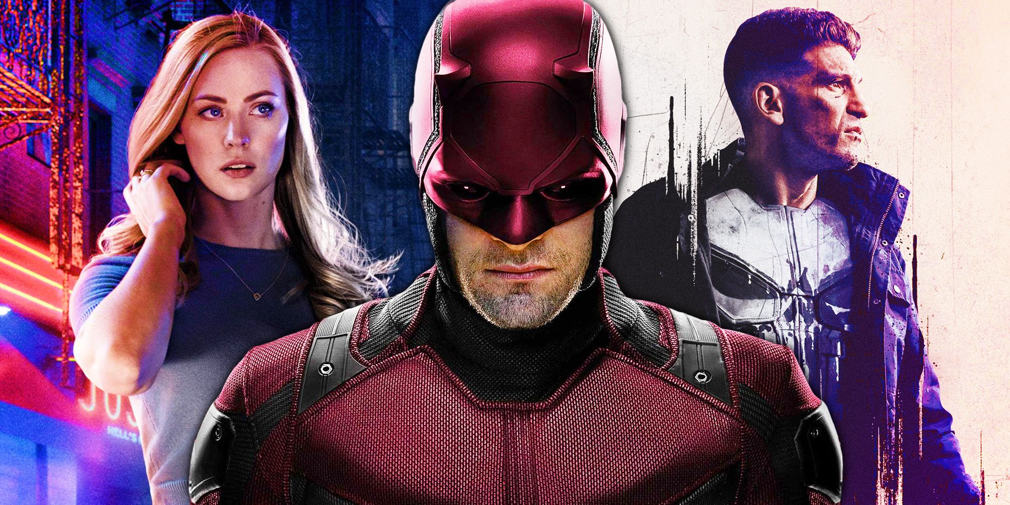 Charlie Cox as Daredevil between Deborah Ann Woll and Jon Bernthal as Karen and The Punisher from Netflix's Daredevil
