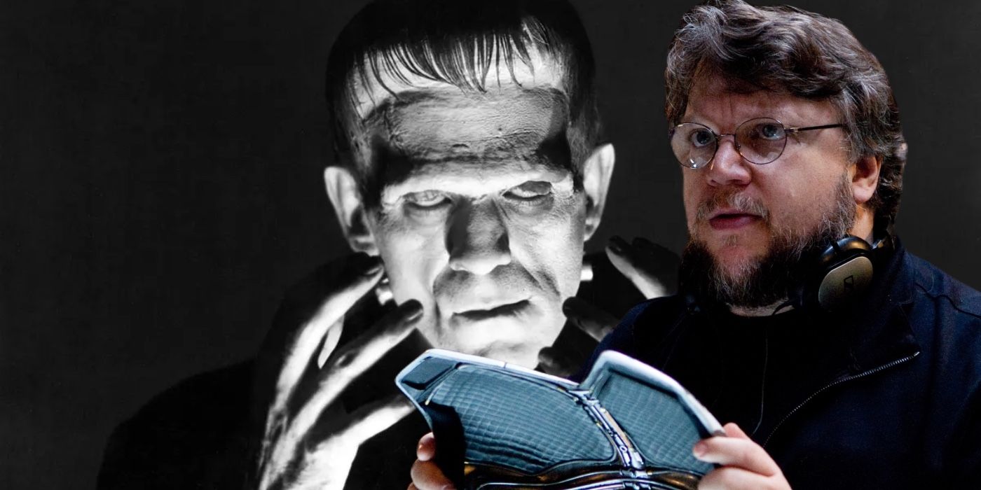 A composite image of Guillermo del Toro and Boris Karloff as the Frankenstein monster from 1931's Frankenstein