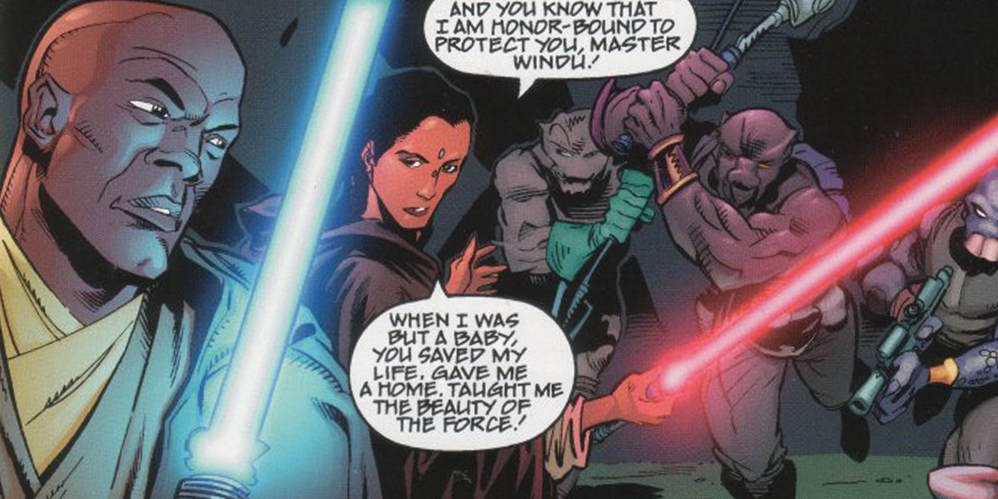 Depa Billaba wields a red lightsaber in Star Wars