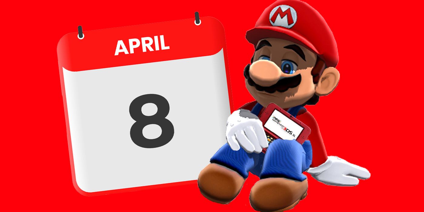 A depressed Mario holds onto his 3DS next to a calendar for April 8