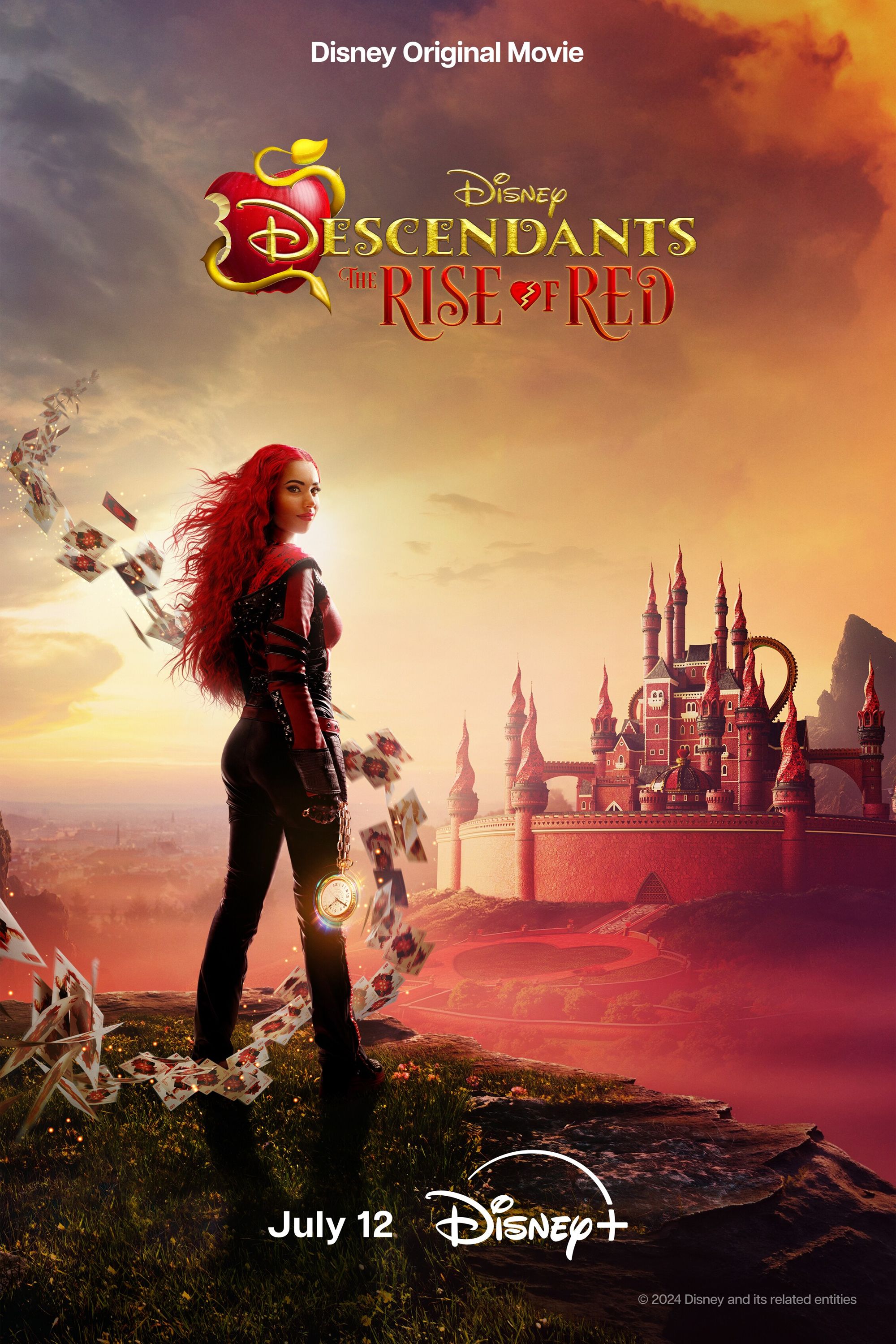Descendants The Rise of Red Poster Showing a Woman with Red Hair Standing in Front of a Castle as Cards Fly Around Her