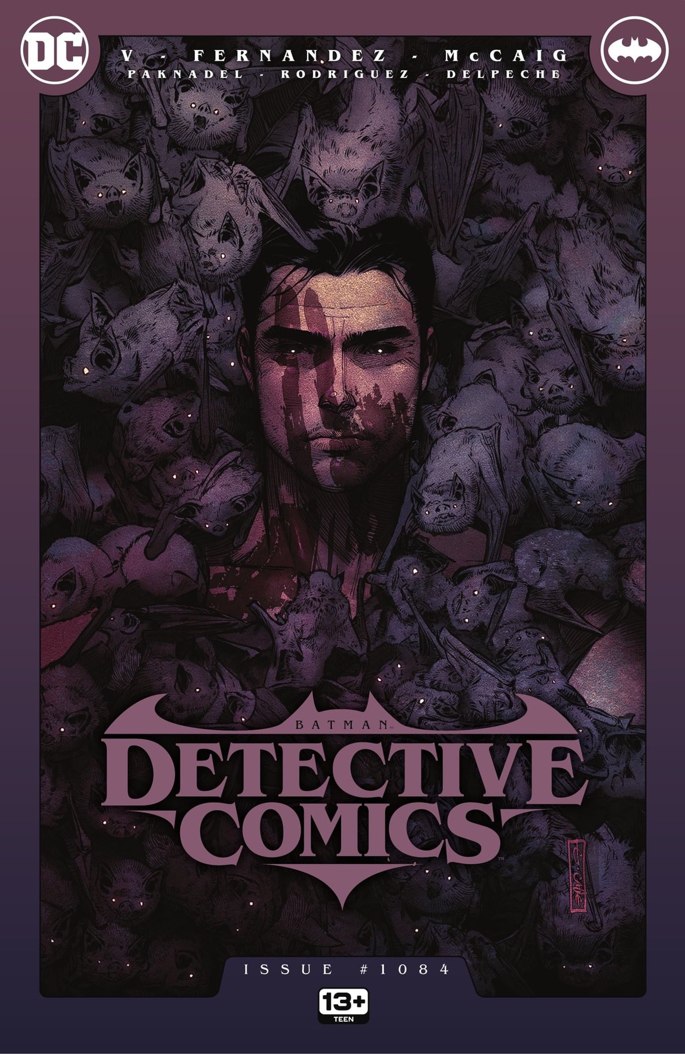 Capa da Detective Comics #1084, o rosto de Bruce Wayne cercado por dezenas de morcegos. 