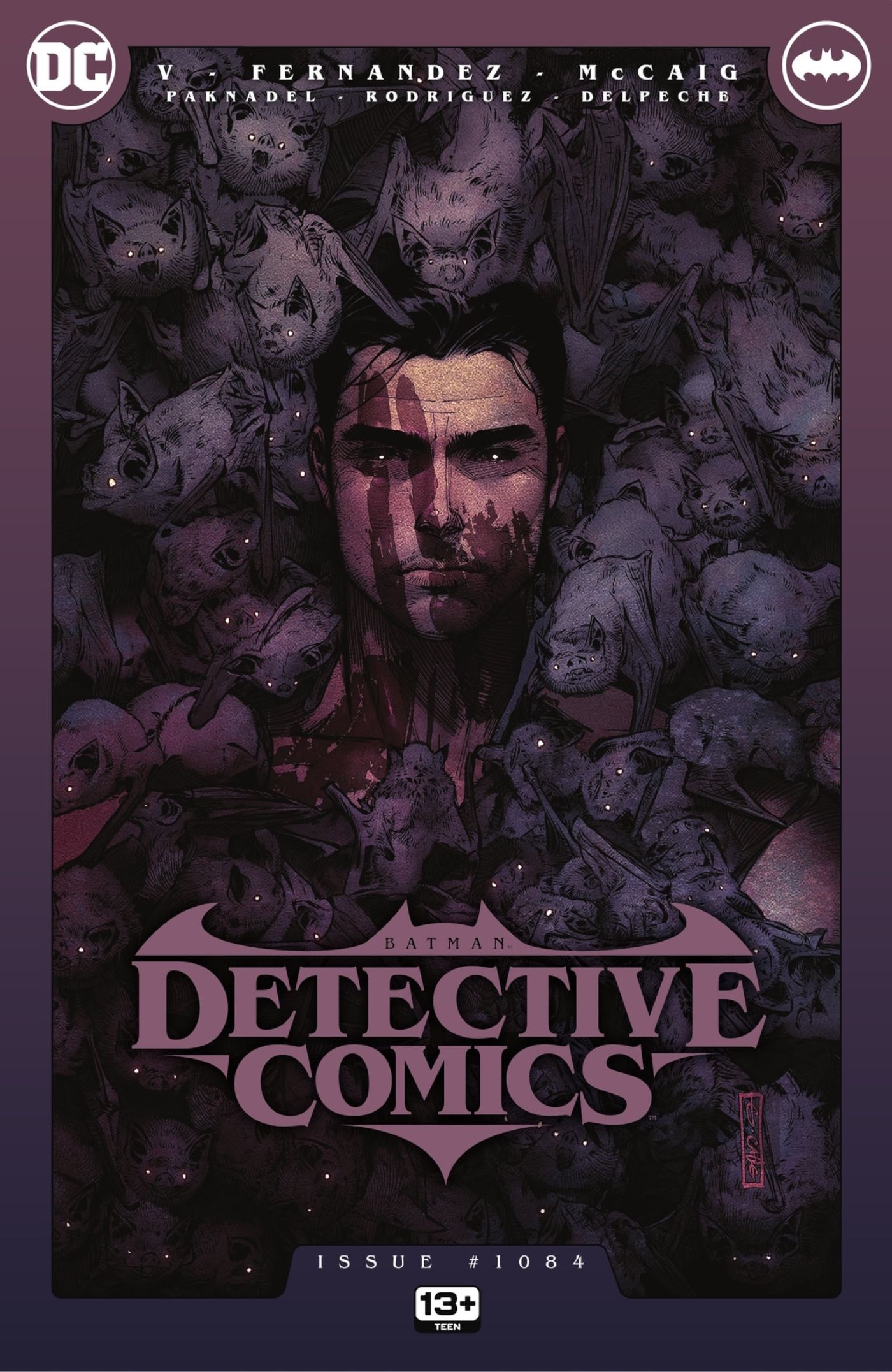 Capa principal da Detective Comics 1084: Bruce Wayne cercado por morcegos.