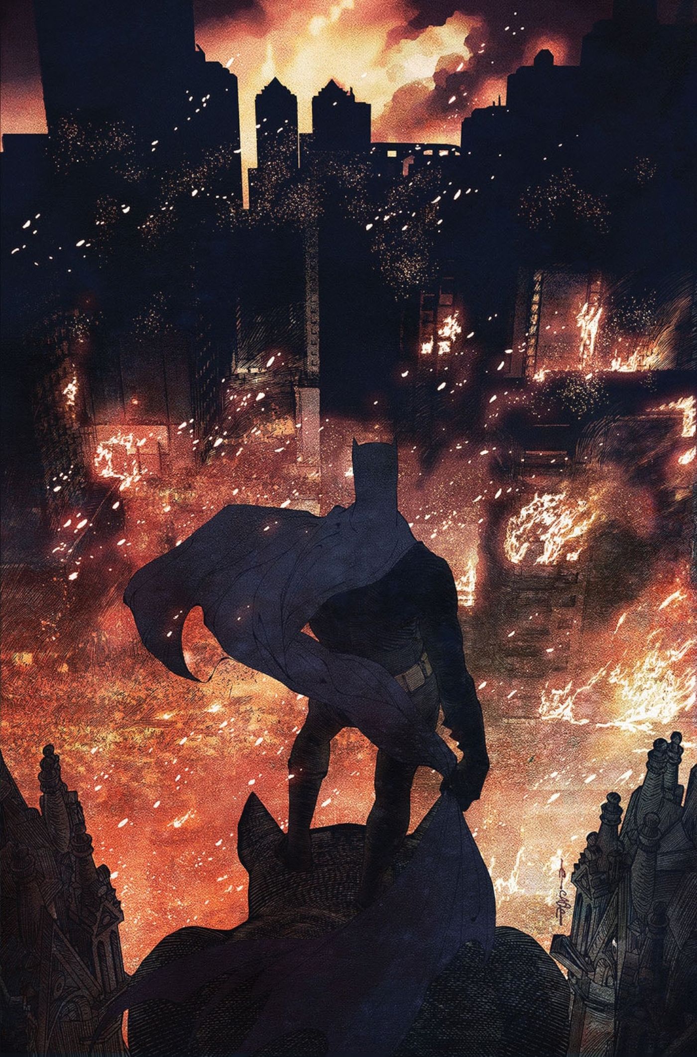 Solicitações da capa principal da Detective Comics 1087: Batman assiste Gotham queimar.