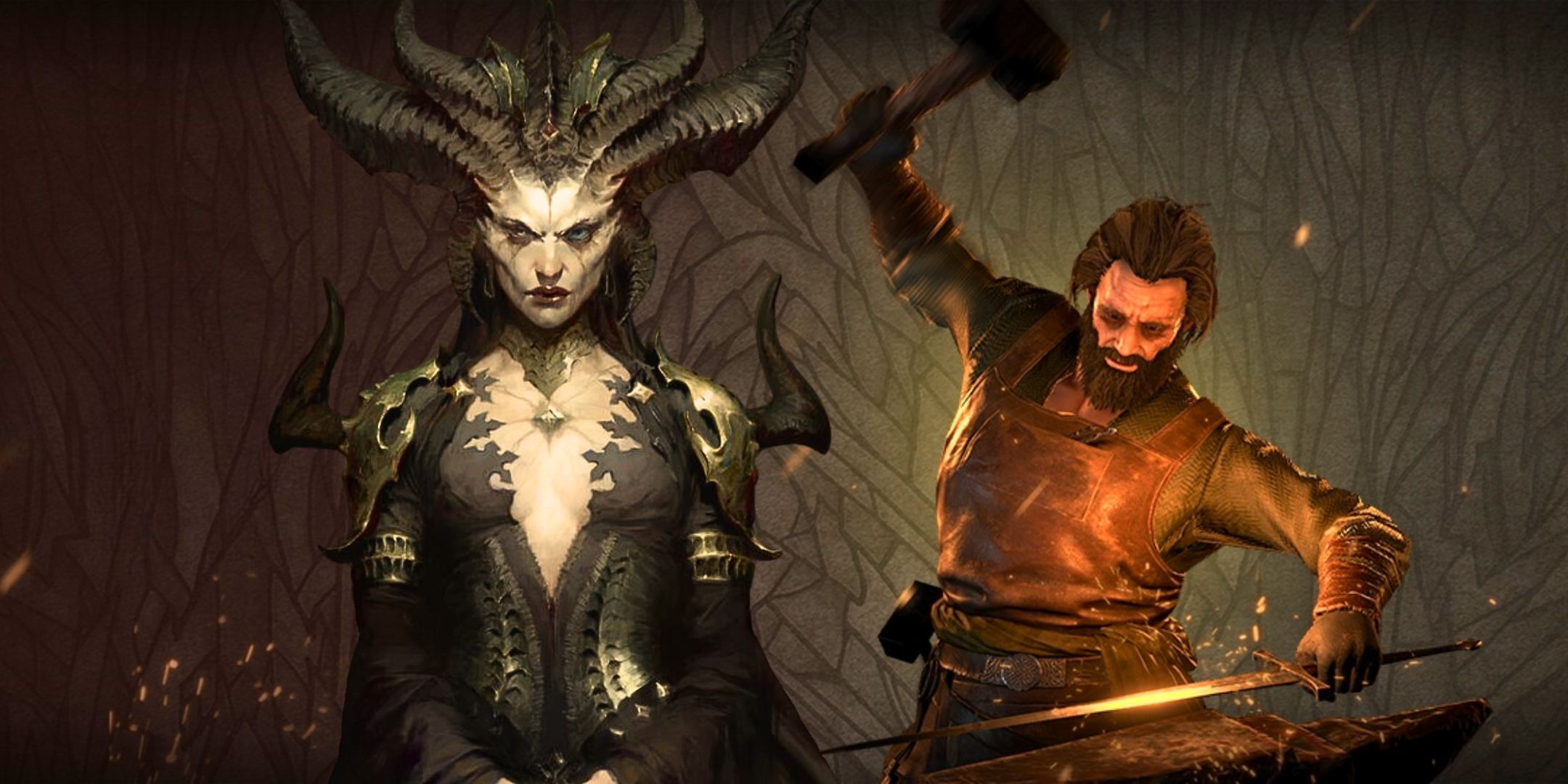 Diablo 4 Lilith next to a blacksmith working on a sword