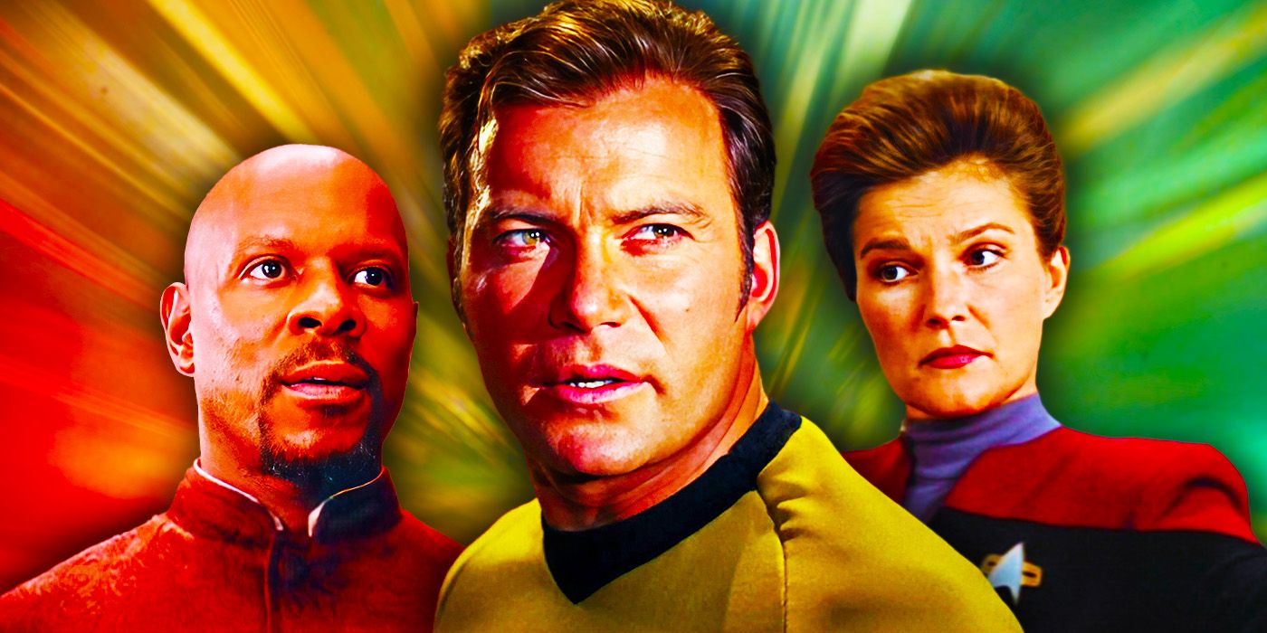 A collage of Captain Sisko from Star Trek: Deep Space Nine, Captain Kirk form Star Trek: The Original Series, and Captain Janeway from Star Trek: Voyager.