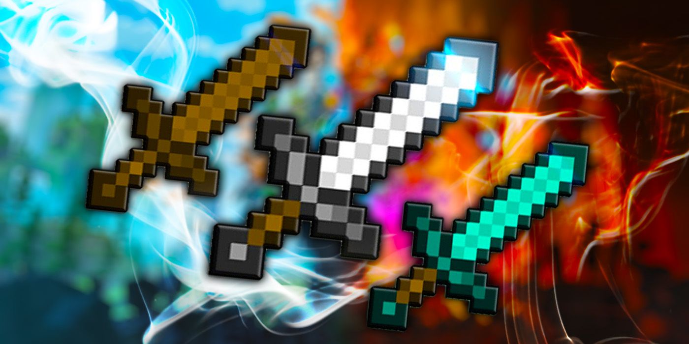 Wood, Iron, and Diamond enchanted Swords from Minecraft.