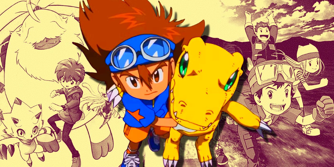 Digimon Adventure, Ghost Game, and Frontier with Tai and Agumon charging toward the viewer.